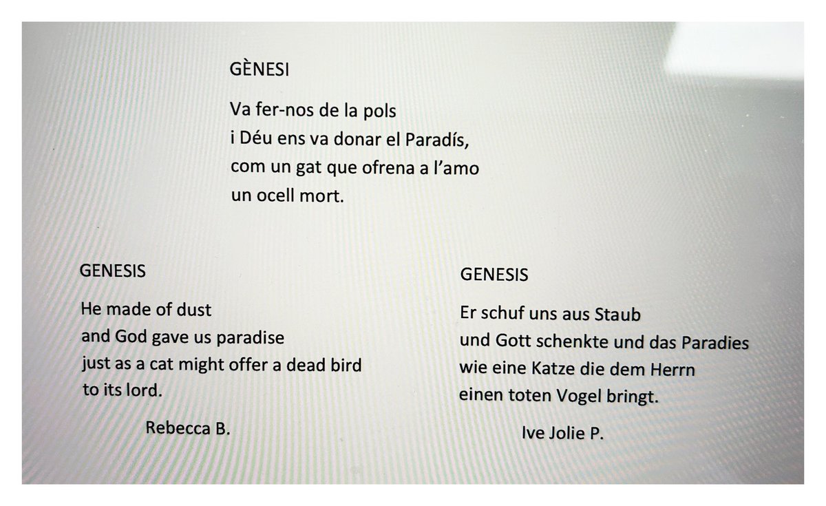LauraObno's tweet photo. Les estudiants de l’intensiu de català de la @uniGoettingen han celebrat Sant Jordi i la literatura catalana tot traduint “Gènesi”, un breu poema de “La llum subterrània”, de @xmascraviotto 
Un goig! 🫠

@IRLlull_Berlin @IRLlull 
#xarxallull #poesiacatalana #català #SantJordi https://t.co/KLPpQzZ5en