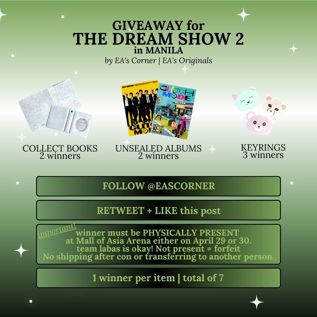 EAsCorner's tweet photo. 「 #THEDREAMSHOW2_IN_MANILA | #TDS2inMNL 」

7 days til The Dream Show 2 in Manila! ✨️ 

Giveaway for those who will be present on either days! Open for both team con &amp; team labas!

→ follow, rt, &amp; like
→ must be present at MOA
→ claiming loc &amp; time: TBA

see you guys! ☺️ https://t.co/FLBZdaahDU