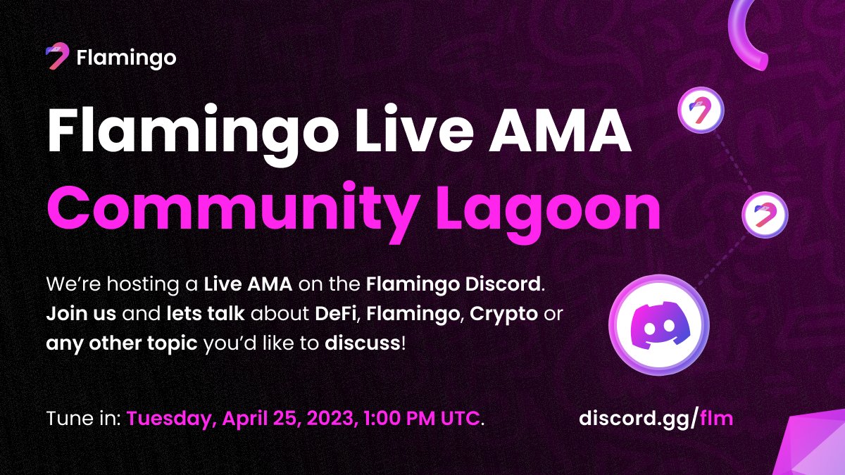 FlamingoFinance's tweet photo. 🎤 Join our Live AMA at the Community Lagoon on the Flamingo Discord and lets have a chat about DeFi, Flamingo, Crypto or anything else!

🗓️ Tuesday, April 25, 2023, 1:00 PM UTC.

📌 Community Lagoon: https://t.co/Zl3epIEMRA

#Flamingo #AMA $FLM #DeFi #Crypto #Community https://t.co/jd6gNoMHcn