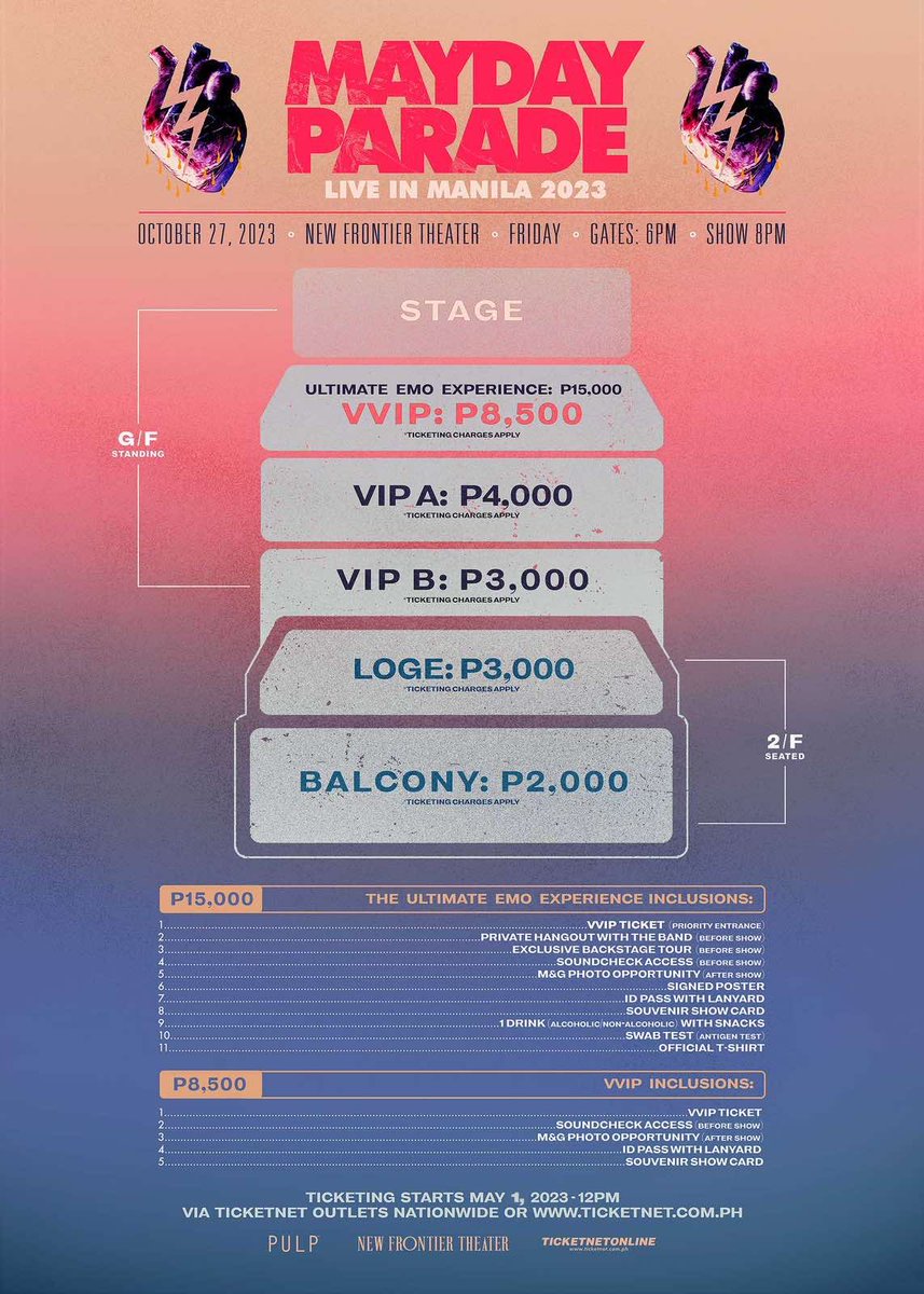 maydayparade's tweet photo. Ang tagal nating di nagkita! We’re thrilled to announce that we are returning to The Philippines on Friday, October 27th for a show at the @NewFrontierPh in Manilla. Tickets will go on sale Monday, May 1st at https://t.co/5xe8RDEYzO. Mahal kita! ❤️🇵🇭 https://t.co/kzAVy27vpw