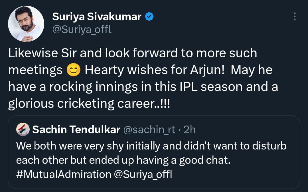 SuriyaFConline's tweet photo. New Friendship Bond In Construction! Their Success Speaks 😎🔥
@Suriya_offl @sachin_rt https://t.co/mTKrbbAUBW