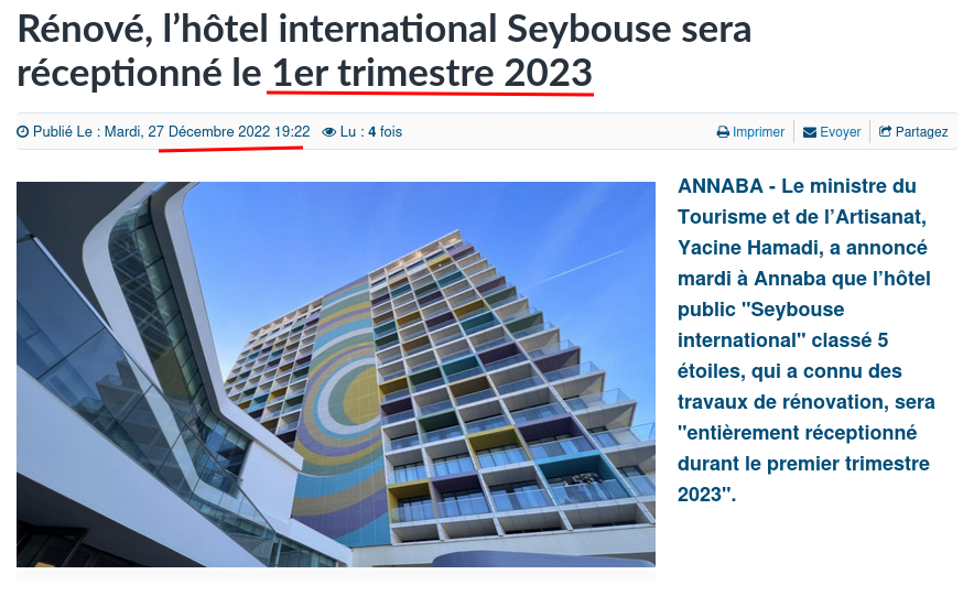 ONAPNT's tweet photo. Fin de sa rénovation, l’hôtel international Seybouse de Annaba et sa réception au 1er trimestre 2023.
Promesse Le ministre du Tourisme et de l’Artisanat, Yacine Hamadi.
Promesse non tenue
#ONAPNT https://t.co/GSrlTz5d5w