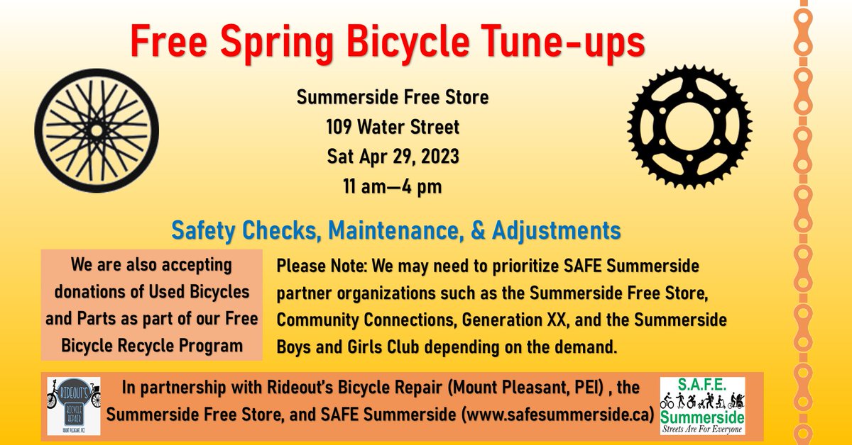 kenATsside's tweet photo. Free Spring Bicycle Tune-Ups. Make sure your bicycle is ready for the 2023 season
Summerside Free Store
109 Water Street
Sat Apr 29, 2023
11 am to 4 pm
Also accepting donations of Used Bicycles and Parts as part of our Free Bicycle Recycle Program (https://t.co/OJR8yIKdjB) https://t.co/0TJvI057E9