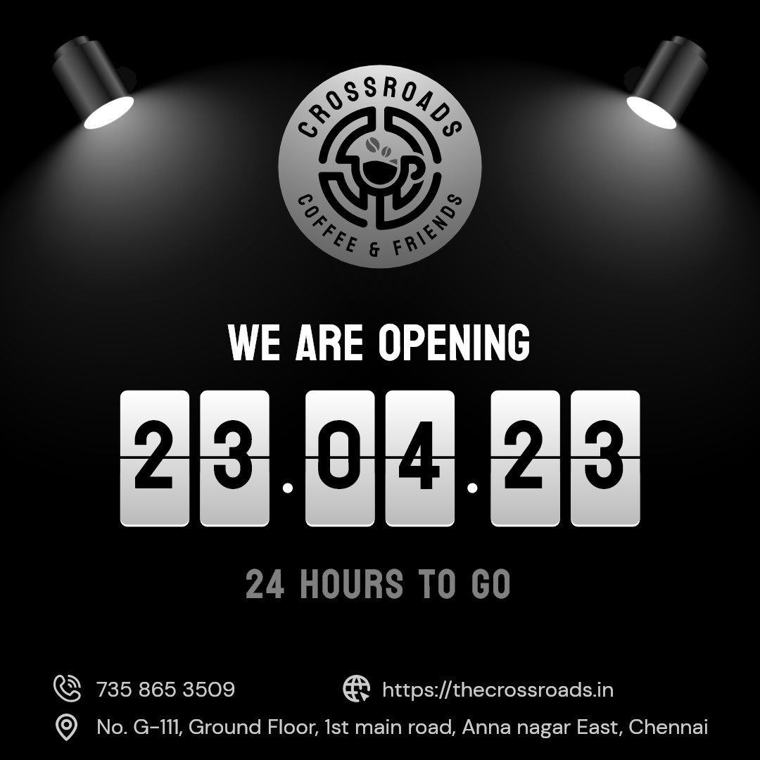 We are finally opening our doors tomorrow! come join us on April 23rd,2023 from 9:30AM onwards🤗

#grandopening #launchingsoon #comingsoon #inauguration #launch #cafe #crossroadscafe  #coffeeandfriends #hangout #crossroads #annanagar #chennai