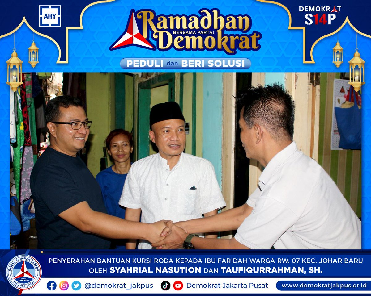 demokrat_jakpus's tweet photo. Berbagi kebahagiaan di penghujung Ramadhan 1444 H bersama Bapak SYAHRIAL NASUTION @syahrial_nst dan Bapak TAUFIQURRAHMAN,SH. @Taufiq_PD_DKI
semoga Bantuan KURSI RODA dpt meringankan beban serta membantu aktivitas Sehari-hari pak cecep
@AgusYudhoyono 
@PDemokrat https://t.co/ttQJMzmxGI