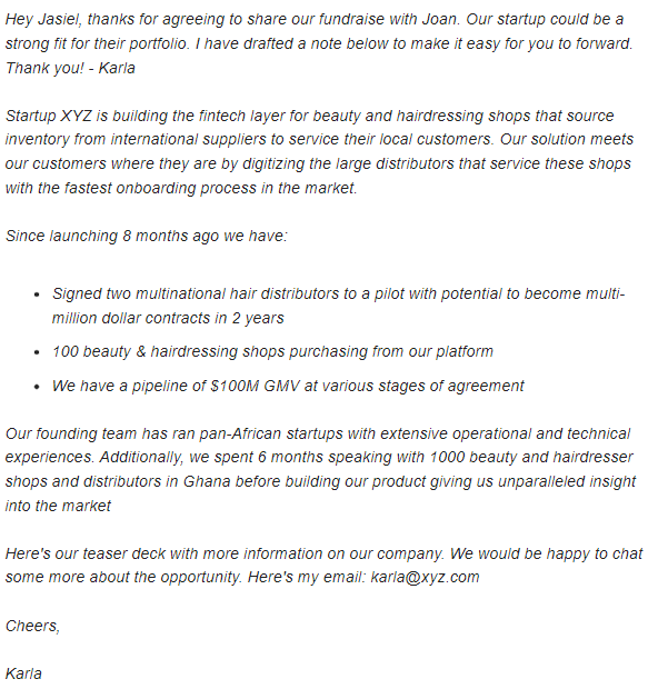 A forwardable blurb is a short description of a company's highlights that makes it easy to refer fundraising startups to potential investors

If you don't know how to write one, I drafted a template for you.

Copy it below ↓