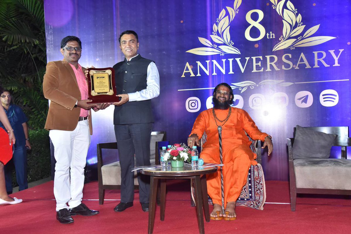 goacm's tweet photo. Hon'ble Chief Minister @DrPramodPSawant attended & addressed the 8th Anniversary of the @PrimeTVGoa.
H.H. @Sadgurudev_Goa Ji and Director, Editor of Prime Media Shri @Sandeepkgoa were present.
HCM congratulated #PrimeMedia and extended best wishes for the future. https://t.co/9JQ6X3DmGJ