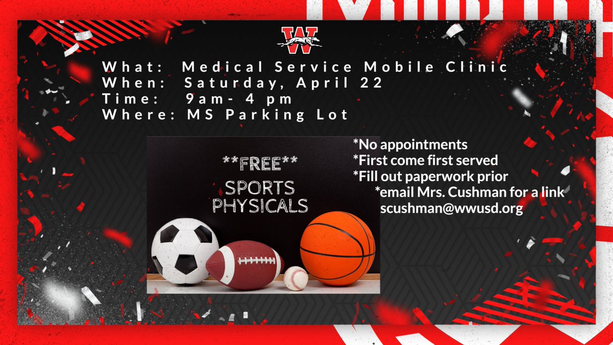 The Free Mobile Clinic will be at the Whitewater Middle School parking lot Saturday, April 22 9 a.m.-4 p.m.  Sports physicals are good for the next two school years.