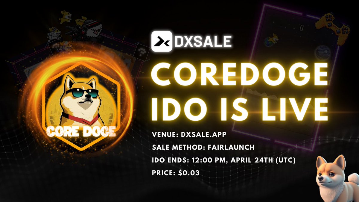 CoreDoge_xyz's tweet photo. 🌟#CoreDoge IDO is LIVE on @DxSale

🌟Venue: https://t.co/QJ1dOxKymr

Total: 8M $CDC (Fairlaunch 94%, DxSale fee 6%)
Price: $0.03
Contribution($CORE): Min 10 - Max 500 
Date: 12 PM April 22 - 24 (UTC)
Listing: IceCreamSwap 
Noted: 70% for Adding Liquidity

🔥Build on @CoreDAO_Eco https://t.co/yChC7byyvH