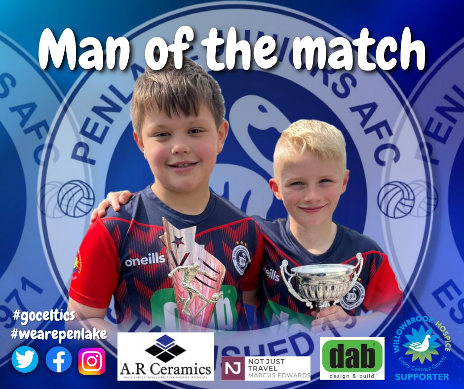 PenlakeCelU11s's tweet photo. Great game.
Scorers, Noah O and Oscar. Man of the match trophies Ted, proudly sponsored by A.R Ceramics and Leo, proudly sponsored by @Travel_Marcus. Get down to @ruskinsthelens today to see the lads lead out @sthelenstownfc 
#dabdesignandbuild #willowbrookhospice #wearepenlake https://t.co/IgiSdUjJWx