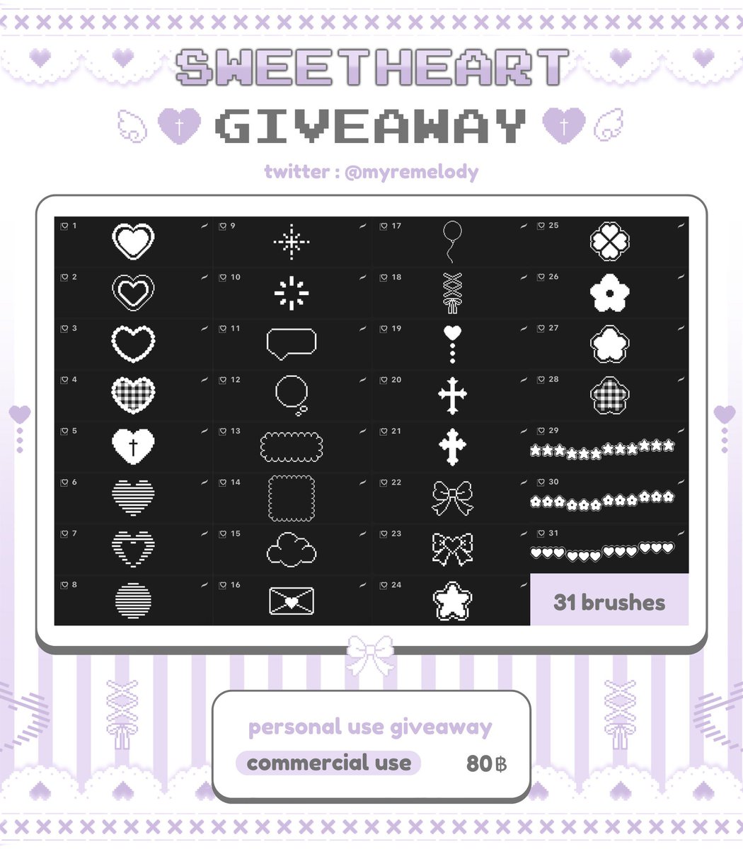 myremelody's tweet photo. 🤍 GIVEAWAY — pls rt before use .ᐟ
𝚜𝚠𝚎𝚎𝚝ꫝ𝚎𝚊𝚛𝚝 𓈒 ♡⃣ / procreate brush

◌ 𓈒 free personal use 
◌ 𓈒 เชิงพาณิชย์ 80฿
◌ 𓈒 commercial ได้รับ png ด้วย

link in mention ૮ ˶ᵔ ᵕ ᵔ˶ ა

#เเจกบรัช #แจกบรัชprocreate #บรัช #บรัชprocreate #ขายบรัช #ขายบรัชprocreate https://t.co/fjSPH9Cetc