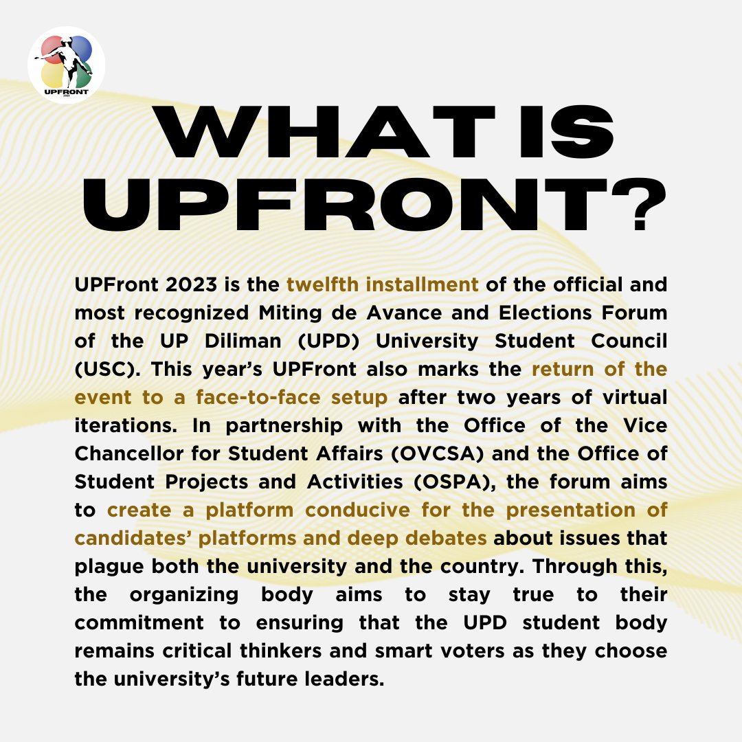 UPFrontUPD's tweet photo. Ready to know what our USC candidates and future student leaders have in store for us? Here's a little information to get to know UPFront 2023!

#UPFront2023
#HalalanUPD2023 https://t.co/WES90tCC3N