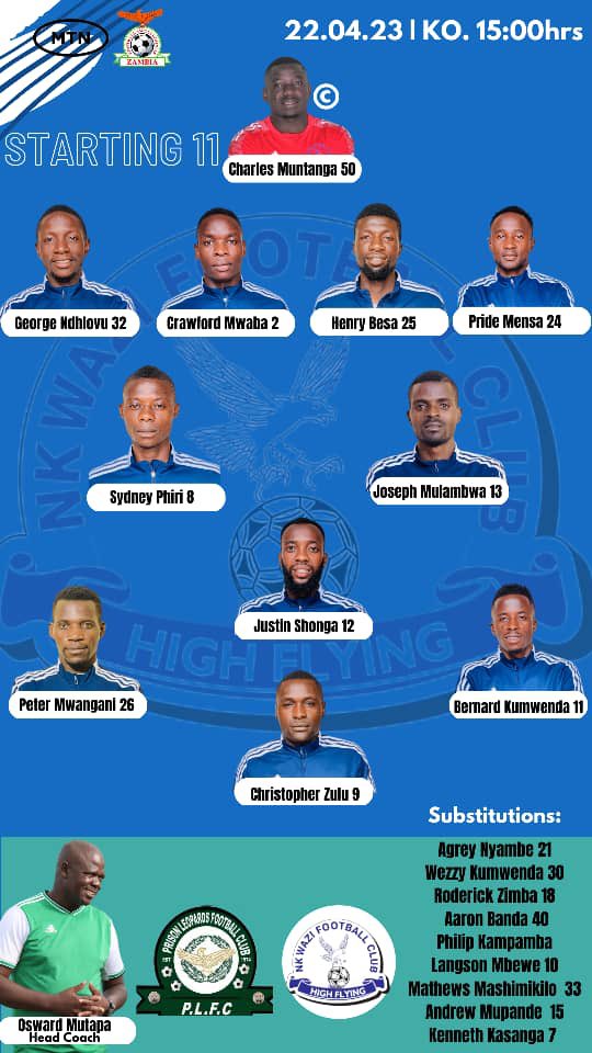 Nkwazifc's tweet photo. Team News!

one change made from the first 11 that beat Forest Rangers last week.

Christopher "Kadozo" Zulu  makes a return to the first 11 in place of Wezzy Kumwenda who this afternoon starts from the bench

Below is how we line up against Prison Leopards at President stadium. https://t.co/PMagFODUr5