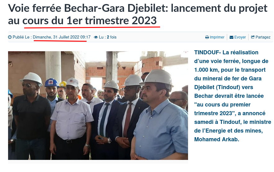 ONAPNT's tweet photo. Lancement de la réalisation la voie ferrée Bechar-Gara Djebilet au cours du 1er trimestre 2023.
Promesse du ministre de de l’énergie et des mines Mohamed Arkab en juillet 2022.
Promesse Non Tenue !
#ONAPNT
https://t.co/WEDZxzJUse https://t.co/TBhU3J02qg