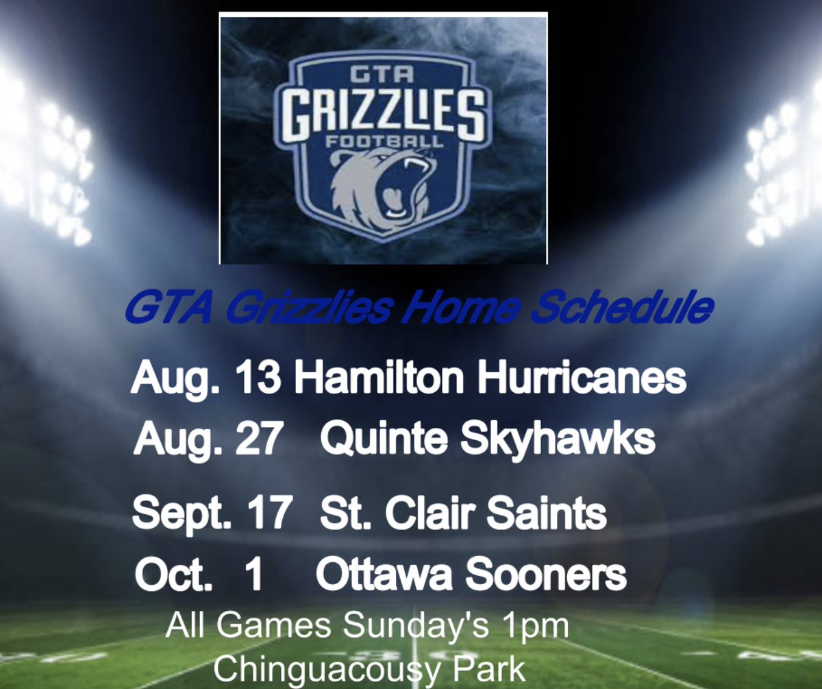 Stats (@perrylgray) on Twitter photo ๐<a href="/TheOFCFootball/">The Ontario Football Conference</a> Schedule for the 2023 season has been released. Football fans in the GTA come out and support the <a href="/gtagrizzlies/">GTA GRIZZLIES</a> as the open the season Aug. 13th at home against the Hamilton Hurricanes.
Here's the schedule for all home games. ๐<a href="/TheOFCFootball/">The Ontario Football Conference</a> Schedule for the 2023 season has been released. Football fans in the GTA come out and support the <a href="/gtagrizzlies/">GTA GRIZZLIES</a> as the open the season Aug. 13th at home against the Hamilton Hurricanes.
Here's the schedule for all home games.