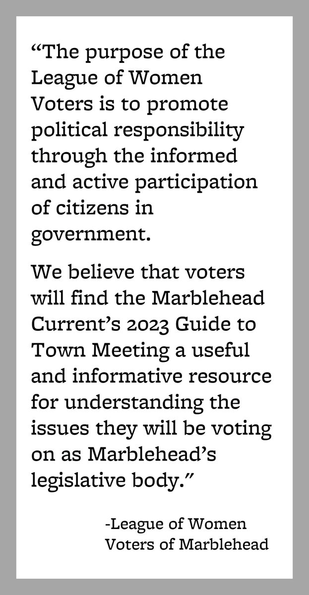 NEW: Our 2023 Guide to Town Meeting now includes video clips from the League of Women Voters of Marblehead's Warrant Night for Citizen's Articles on April 18th. The clips are linked alongside articles 44 - 54 and are provided courtesy of the team at MHTV. marbleheadcurrent.org/townmeeting2023