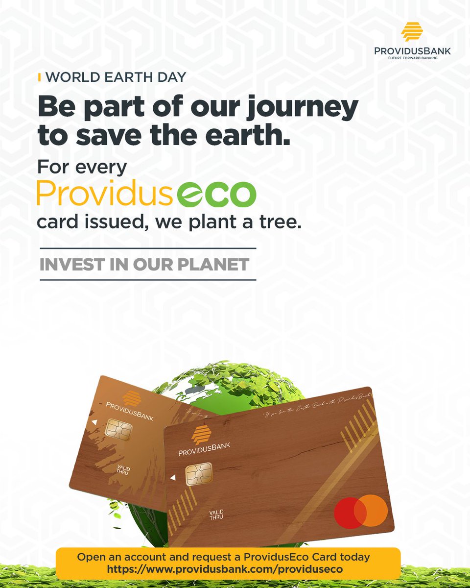 Providusunity's tweet photo. Be part of our journey to save the Earth.
Visit https://t.co/dosUjynq7D to request a #ProvidusEco card today.

The ProvidusEco is the first eco-friendly card in Nigeria, made from bio-degradable materials, and for every card issued, we plant a tree.

Happy World Earth Day.
#ProvidusBank #Ecofriendly #EarthDay #EarthDay2023