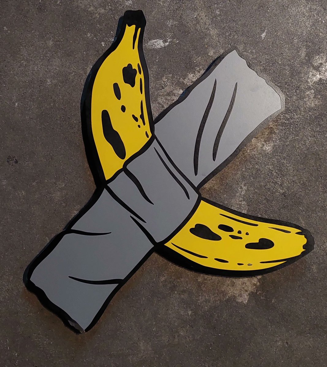 stephan_vk's tweet photo. Catalan's Banana 🍌 
-
When italian artist Maurizio Catalan taped a banana to the wall, it was news everywhere, so why not copy him? This one will not go rotten, so that an improvement, right? 
-
Laser cut MDF, spray paint
60x60cm - 2022
500 EUR
-
LINK: https://t.co/UylJExbVON https://t.co/TkbDuC4v6N