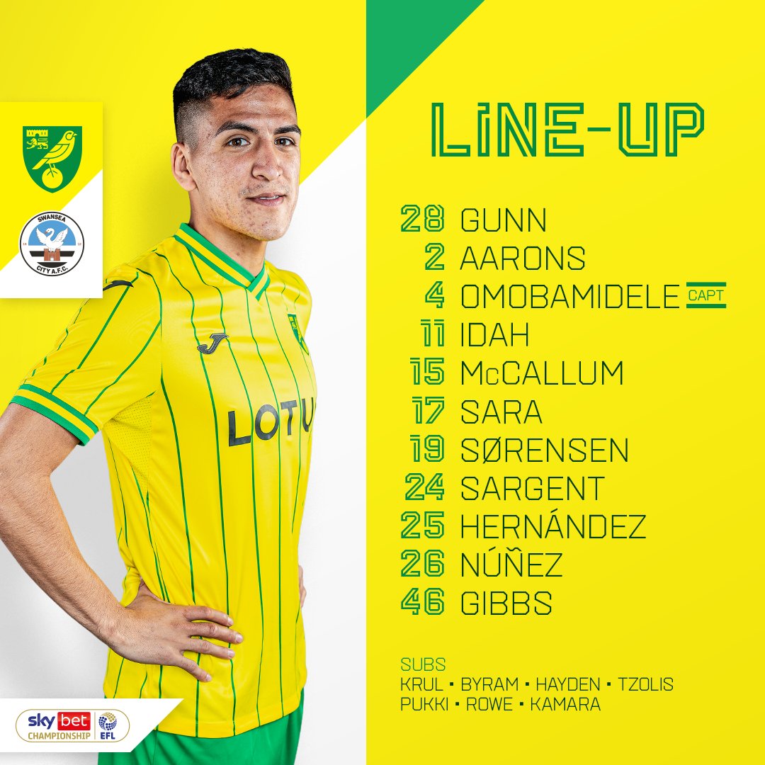 NorwichCityFC's tweet photo. 📰 𝚃𝚎𝚊𝚖 𝙽𝚎𝚠𝚜

Here is your Canaries lineup to take on @SwansOfficial today at Carrow Road 👇

#NCFC https://t.co/p69QLntwQ8
