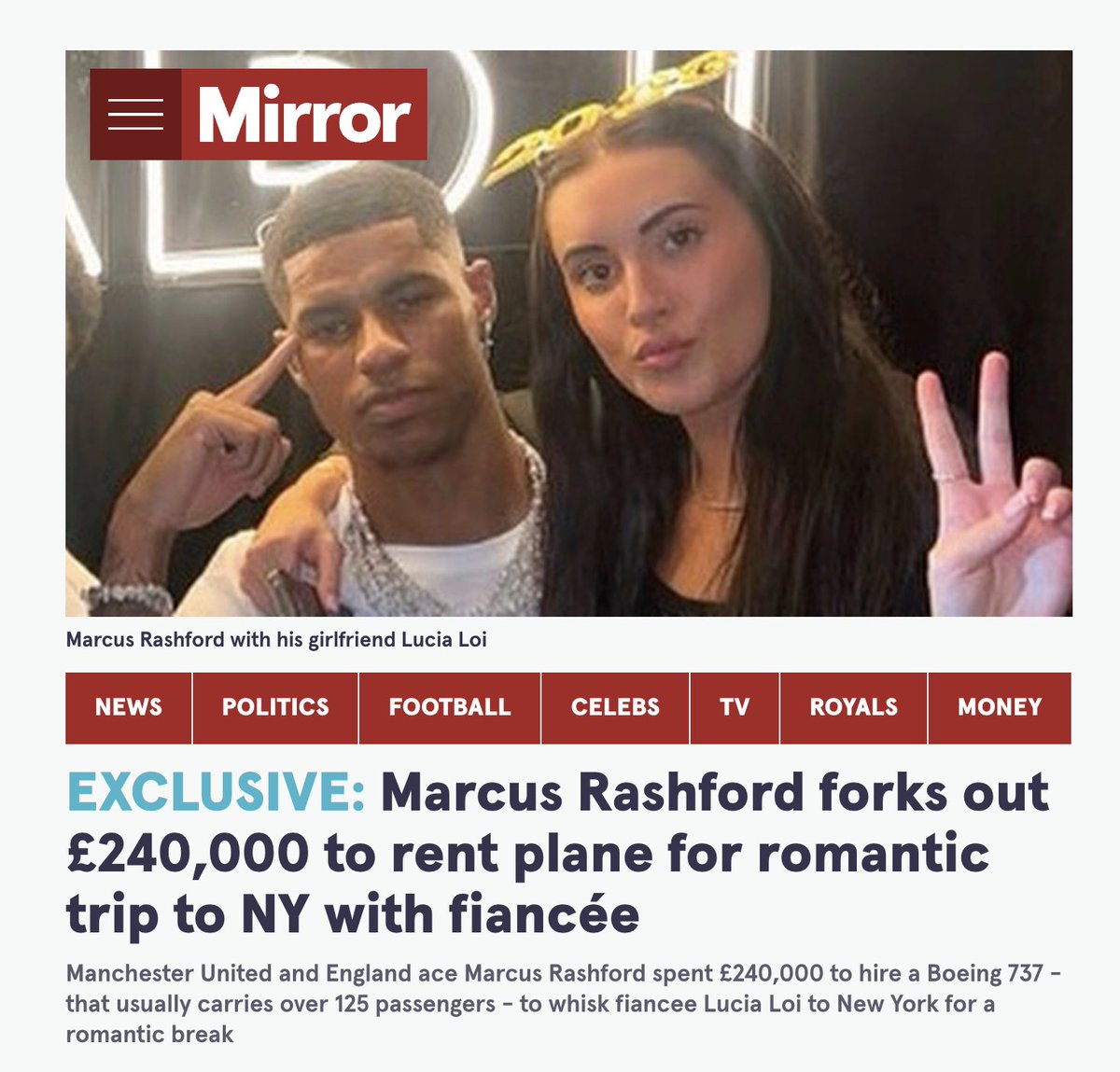 Tom_El_Rumi's tweet photo. Really interesting case in point relevant to the “Why are we covering climate as a niche?” discussion at #IJF23. @DailyMirror story on Marcus Rashford hiring a private jet to fly to NYC for the weekend - no mention of environmental cost. (1/) https://t.co/Dq66DDHwAX