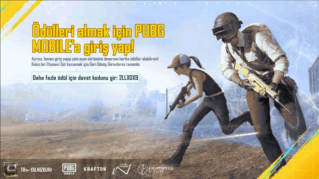 PUBG MOBILE Geri Dönüş Görevlerini tamamla! Kalıcı bir epik giysiyi ücretsiz olarak kazan! Davet kodum: 2LLXDX9 ig-url.igamecj.com/D7HFtzPGe5Nn