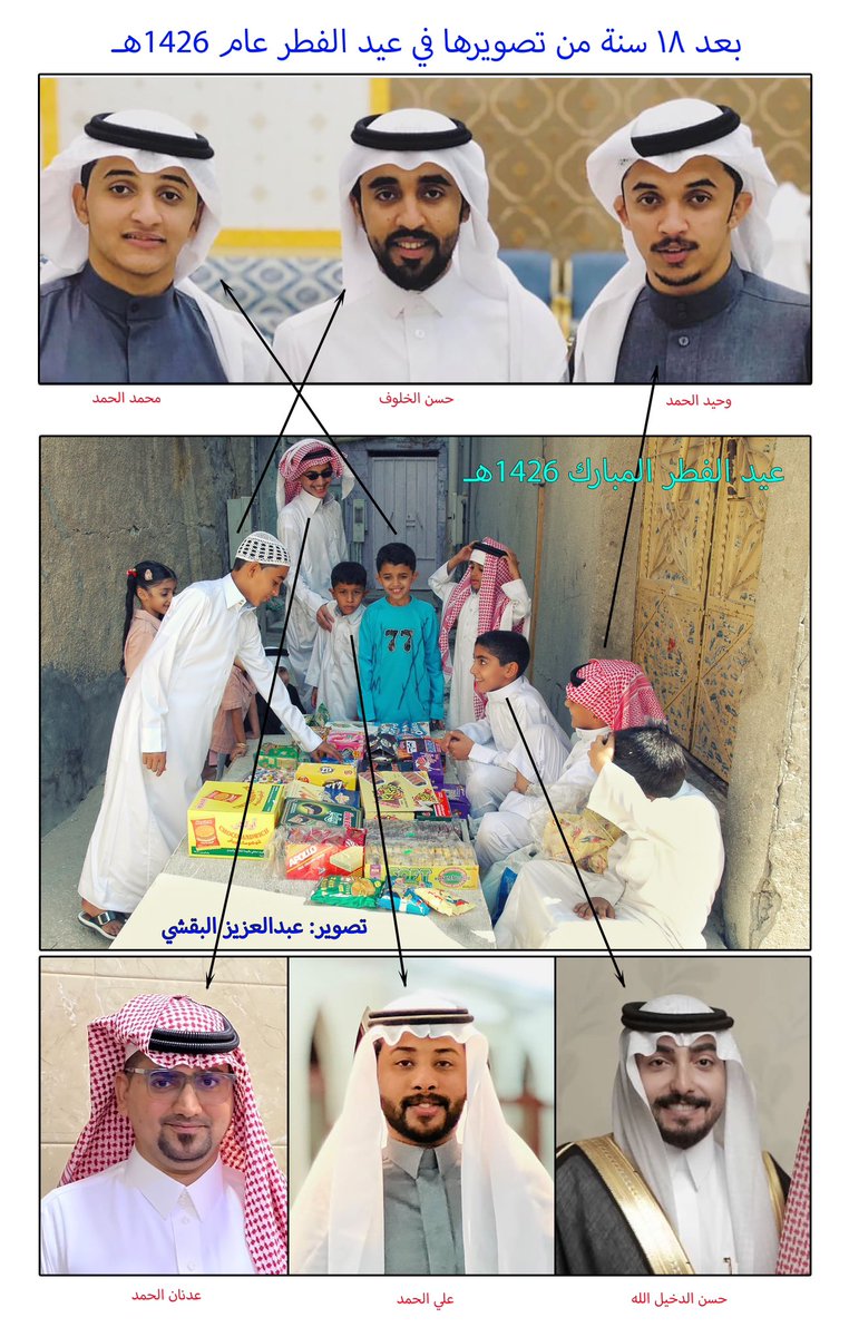 AzizAlbagshi's tweet photo. بعد ١٨ سنة من تصويري للأطفال لحي #الرفعة_الشمالية (#الفريج_الشمالي) في #الهفوف وذلك صباح يوم #عيد_الفطر_المبارك عام ١٤٢٦.
تفاعل احد المتابعين بتزويدي بصور لبعض من وثقتهم في هالمناسبة منهم من تزوج وانجب اطفالا وربي يحفظهم جميعا #عيد_الفطر #صباح_العيد #العيد #الاحساء #السعودية https://t.co/2AYqC5Ag1N