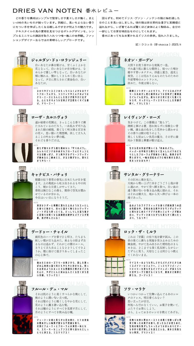VKOCCA's tweet photo. ついにドリスヴァンノッテンの香水が日本で発売開始〜！ということでディスカバリーセットでEDP全10種レビューしました。
発売前に抱いてた、ドリス先生がこんなショーバイするとこ見たくなかったよ！て気持ちは消し飛びました。紛う事なきDRIES VAN NOTENの精神に基づいた、最高のコレクションです！ https://t.co/negmhr8W1X