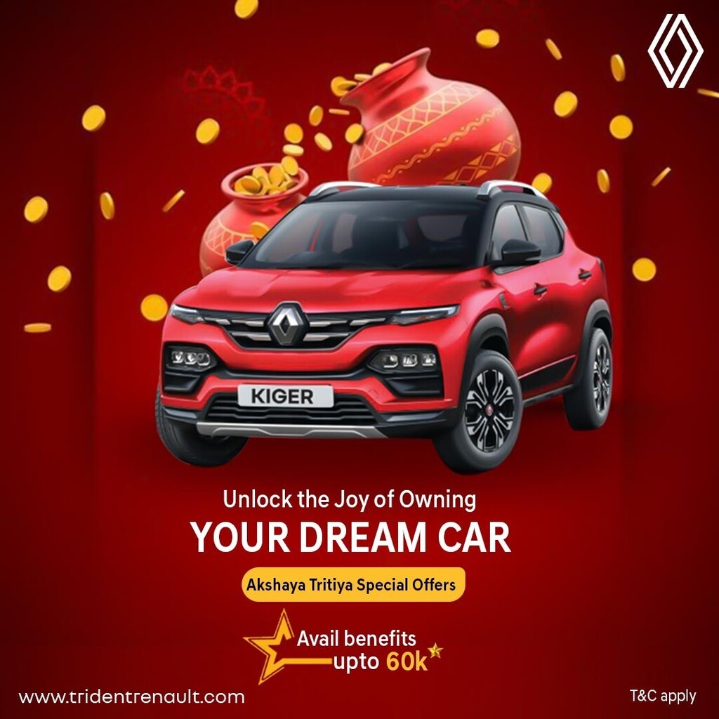 tridentrenaults's tweet photo. As people buy gold on Akshaya Trithya, consider investing in a car, a symbol of luxury and convenience! At Trident Renault, we believe that owning your dream car is not just a status symbol, but also a smart investment in your lifestyle.

This Akshaya Tr… https://t.co/wkSXRL6cqz https://t.co/NxCqKIcZ2A
