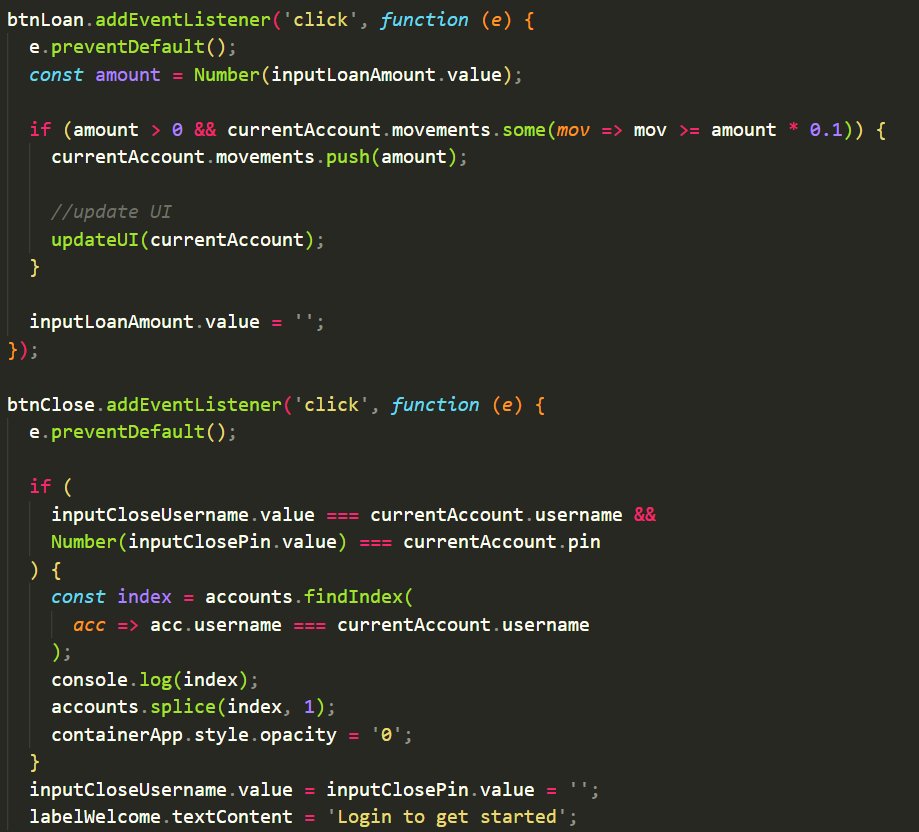 CodeTiffanyL's tweet image. #100DaysOfCode #100daysofcoding #Webdesign  Day74 completed.   
I am still doing JS course today  and focus on array method. 
I have learn findIndex, some, every and use part of those to set up the close account and make a loan function.