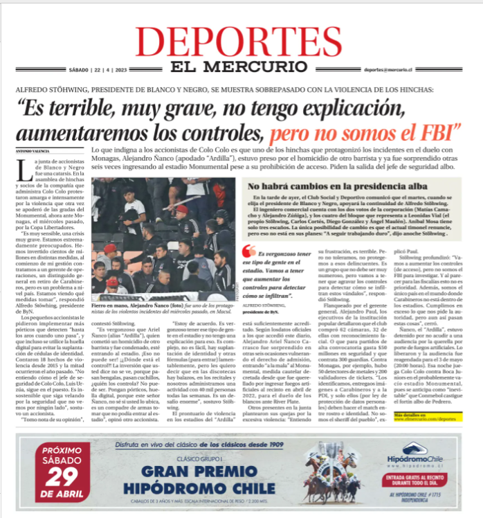 En la edición papel: Presidente de Colo Colo se ve superado por la violencia de los hinchas · Pellegrini quiere que Bravo siga, pero no hay unanimidad entre directivos de Betis · Ziomara Morrison vuelve a Chile y piensa en Santiago 2023. Más información en elmercurio.com/deportes