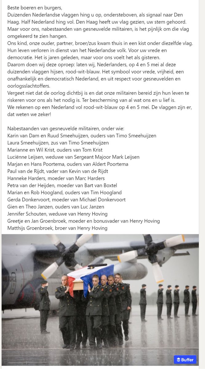Nabestaanden van gesneuvelde Nederlandse militairen vragen in open brief om duizenden rood-wit-blauw wapperende vlaggen op 4 en 5 mei.