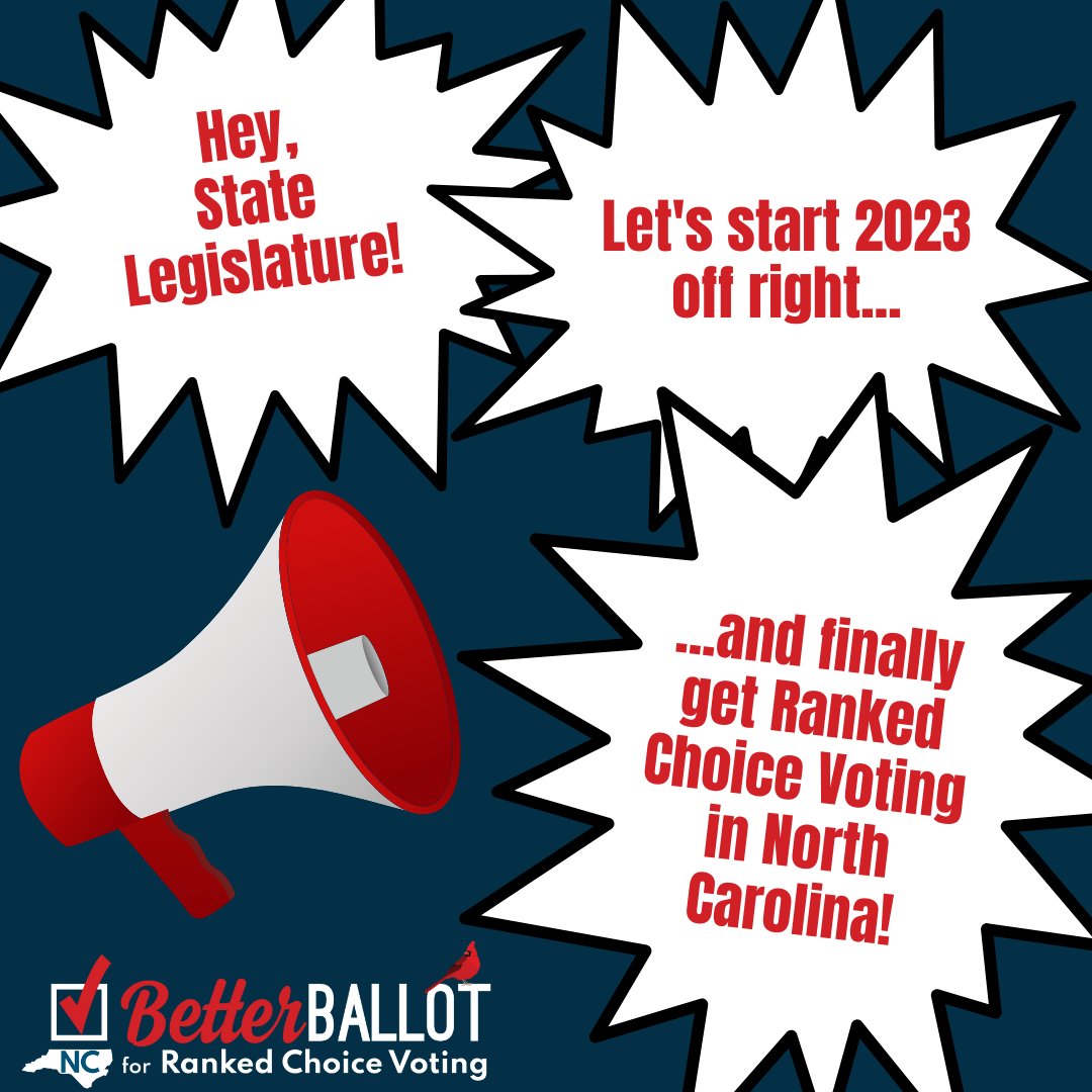 Hey State Legislature, 
Let's work together to finally get Ranked Choice Voting in North Carolina!
#RCV #BBNC #Henderson #Mecklenberg #NewHanover #PittCountyNC #DurhamCountyNC #WakeCountyNC #buncombecounty