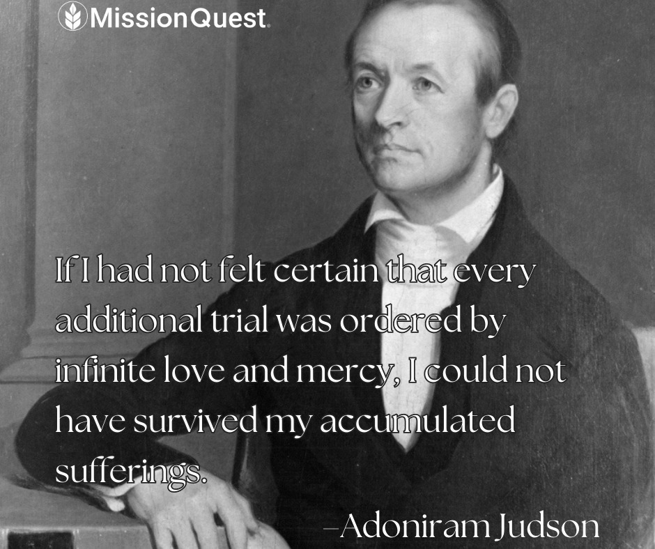 MissionQuestorg's tweet photo. Are your sufferings lightened by knowing that the Father of mercies and God of all comfort has ordained them for your good?

Adoniram Judson's certainly were…

"If I had not felt certain that every additional trial was ordered by infinite love and me… https://t.co/YOY39irfbP https://t.co/DuzVl0JbsR