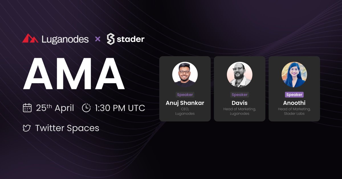 staderlabs_eth's tweet photo. AMA alert! 🚨

Join us for a conversation on liquid staking for @ethereum with @luganodes.

🗓️ Tuesday, April 25th
⏰ 1:30 PM UTC
📍 Twitter Spaces : https://t.co/lJBVo9dY1z

See you there! 👀 https://t.co/oyVnNqs3q3