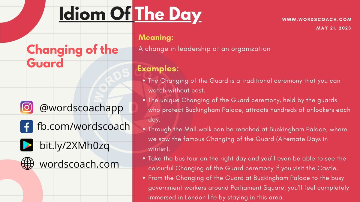 Idiom of the day (May 21, 2023)
------
'Changing of the Guard'

bit.ly/3LbTe5W

APP: bit.ly/2XMh0zq

#idiomoftheday #idioms #english #idiom #learningenglish #inglesparabrasileiros #aulasdeingles #inglesparatodos