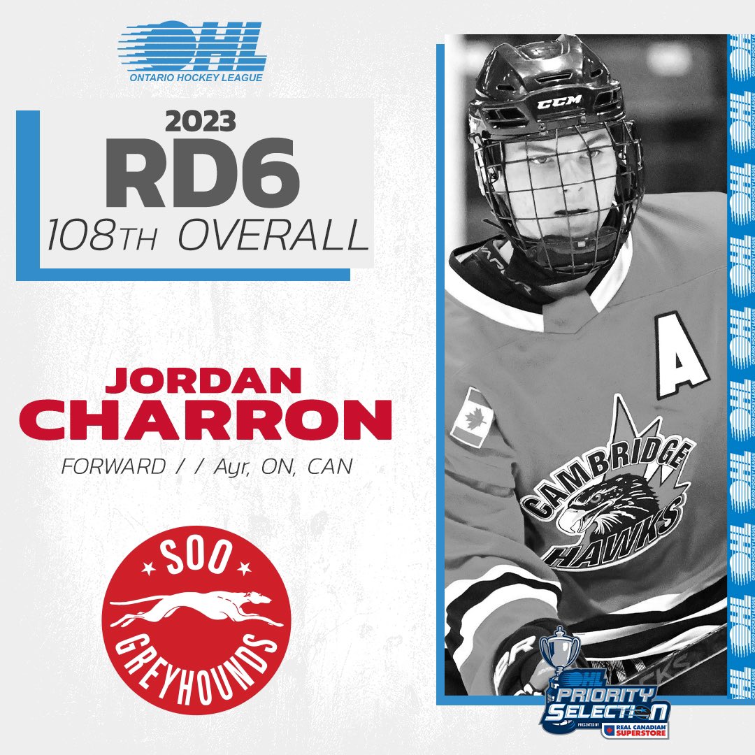 Congratulations to Jordan Charron for being drafted to the <a href="/OHLHoundPower/">Soo Greyhounds</a> .
Way to go Jordan  !! 
We are all proud of you .

<a href="/OHLHockey/">Ontario Hockey League</a> <a href="/AyrCentennials/">Ayr Centennials</a> <a href="/CambridgeMinorH/">CambridgeMinorHockey</a>