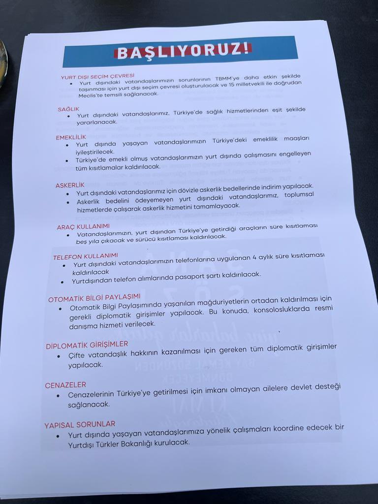 Yurtdışında yaşayan seçmenlerimizin sorunlarına yönelik çözüm önerilerimizi içeren vaatlerimizi hazırlıyoruz. 

Genel Başkanımızın selamıyla birlikte tüm yurtdışı seçmenlerimize tek tek, kapı kapı ileteceğiz. İşimiz zor. Ancak başaracağız. 
#Seçim2023