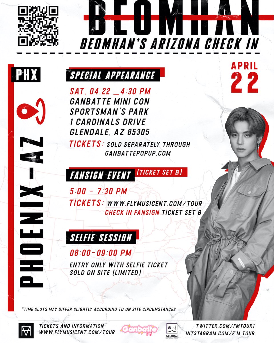 fmtour1's tweet photo. Beomhan’s USA Check in Tour in Arizona Day 1🌟

📍Line up for merch stand and selfie tickets starts at 4PM!

🎟️ FANSIGN TICKET CHECK (SET B)
Starting at 4:00PM

📸 All selfies (including Fankit selfie tickets) will be taken during the Selfie Session at 8 PM! https://t.co/JqW345viGH