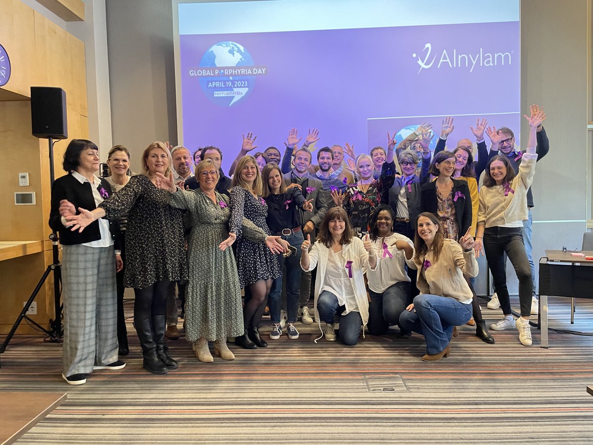 Alnylam's tweet photo. In support of Global Porphyria Day and #PorphyriaAwarenessWeek, our employees are wearing #PurpleForPorphyria. We’re #AlnylamProud to join @GlobalPorphyria and @Porphyria_Help in raising awareness of #porphyria and giving a voice to this global community. https://t.co/A1SoeQoRPM