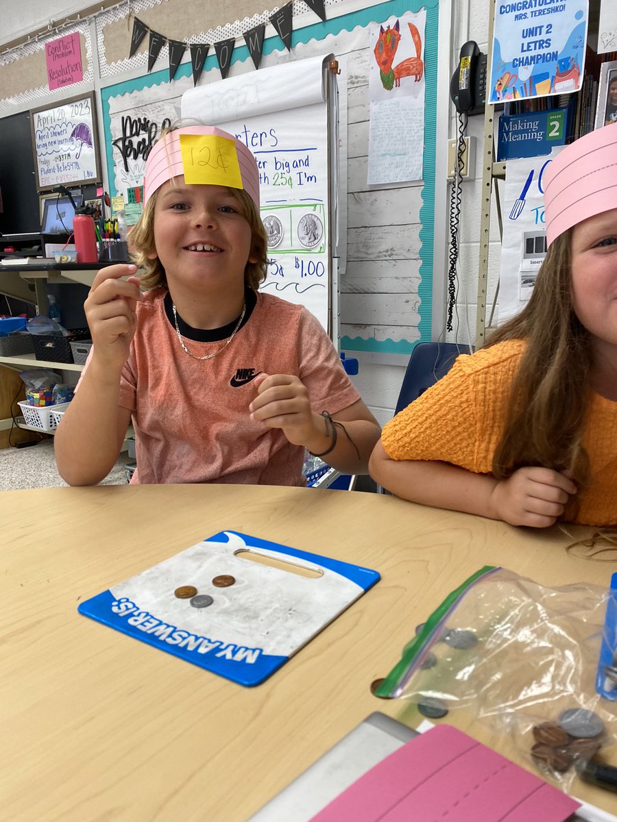 MeganTereshko's tweet photo. Second graders used headbands to turn up the fun while learning to count money amounts💰 @bozinale @mathRES_SES https://t.co/TYcrbtmYdx