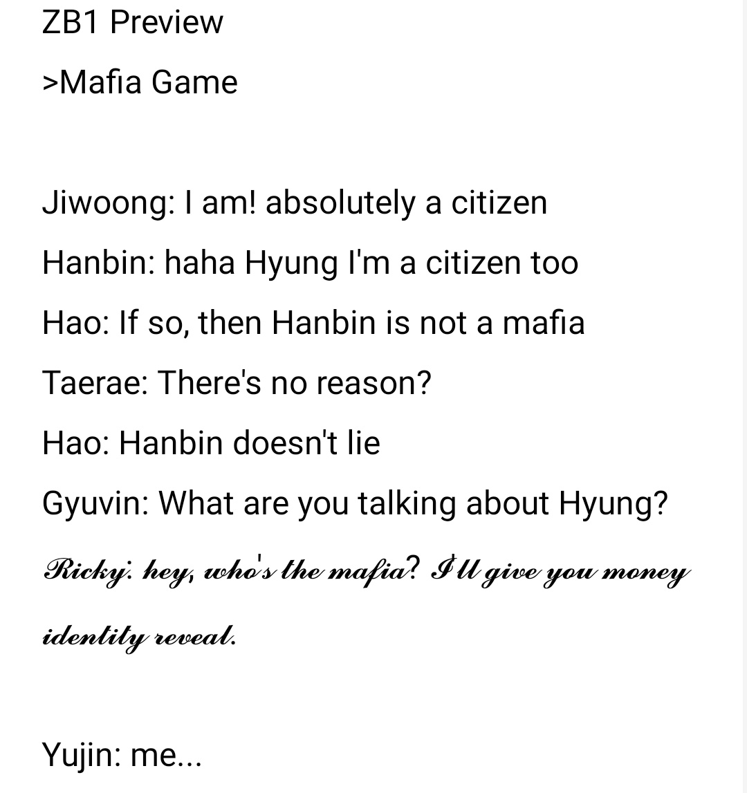 zibiwoong's tweet photo. [trans]
A preview of jebiwon playing the mafia game 😭 https://t.co/jjyEkdvsX9
