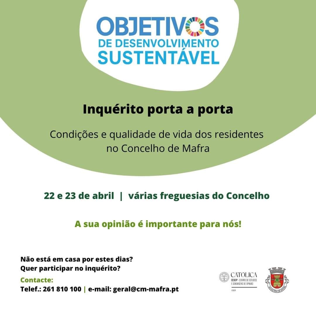 CesopC's tweet photo. A Câmara Municipal de Mafra deseja aferir a qualidade de vida dos residentes do Concelho, no âmbito da estratégia de implementação dos #ODS

Nos dias 22 e 23 de abril, a Equipa do CESOP, devidamente identificada, estará a percorrer as várias freguesias do Concelho. 

Participe! https://t.co/WyKGbLMhIb