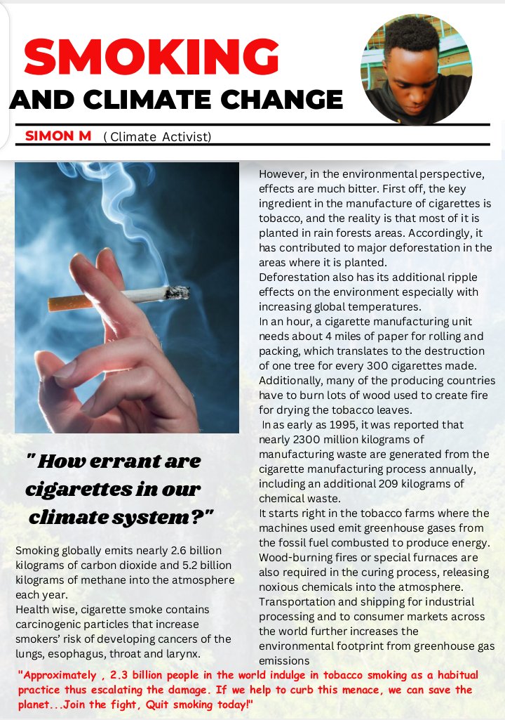 simmydotcom's tweet photo. Smoking does not only affect your inner body organs, but our climate system as well.
#AIESEC
#UNFCCC
#IPCC
#EarthDay
#COP28
#islandofhopeuganda
#Greenleaders https://t.co/obpEEKBRpy