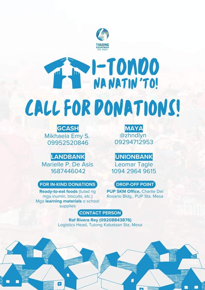 tkstamesa's tweet photo. Tulong Kabataan Sta. Mesa is still open to cater to all kinds of donations for I-TONDO NA 'TO. 💌🤗

Marami na ring nakiisang mga organisasyon sa hangaring makapagpaabot ng tulong sa komunidad ng Parola, Tondo ngayong Abril. 

Patuloy pa rin ang ating (1/4) https://t.co/BH4VJBMbs0