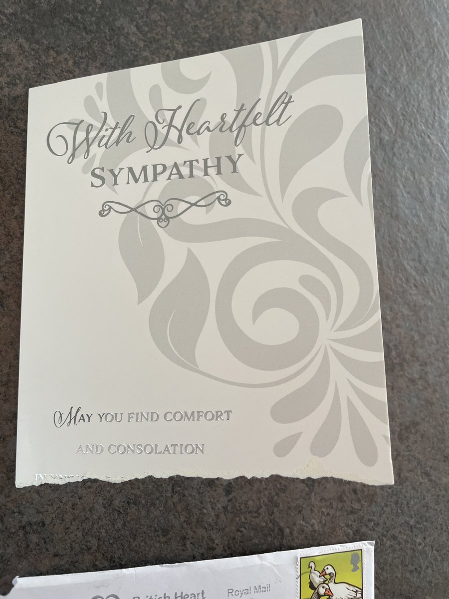 JohnsonJonno's tweet photo. @RoyalMailHelp clearly someone in your employment checks cards for money etc as I only received half of this condolence card this morning?

What are you doing to address this behaviour? This must be a regular occurrence with lots of people losing out to the scum employee.  😡 https://t.co/yfc7A4yF38