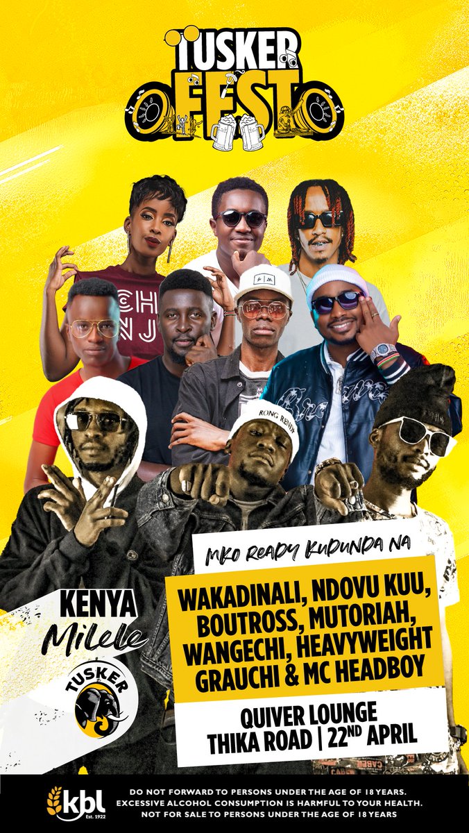 #TuskerFest imekuja Nairobi,Come we turn up at Quiver Lounge kiambu road over great food and music from wakadinali na Rong Rende mzima,Boutross,Ndovu Kuu e.t.c kama Kawa entrance ni Tusker zako mbili baridi <a href="/TuskerLager/">Tusker Kenya</a> #KenyaMilele #ad