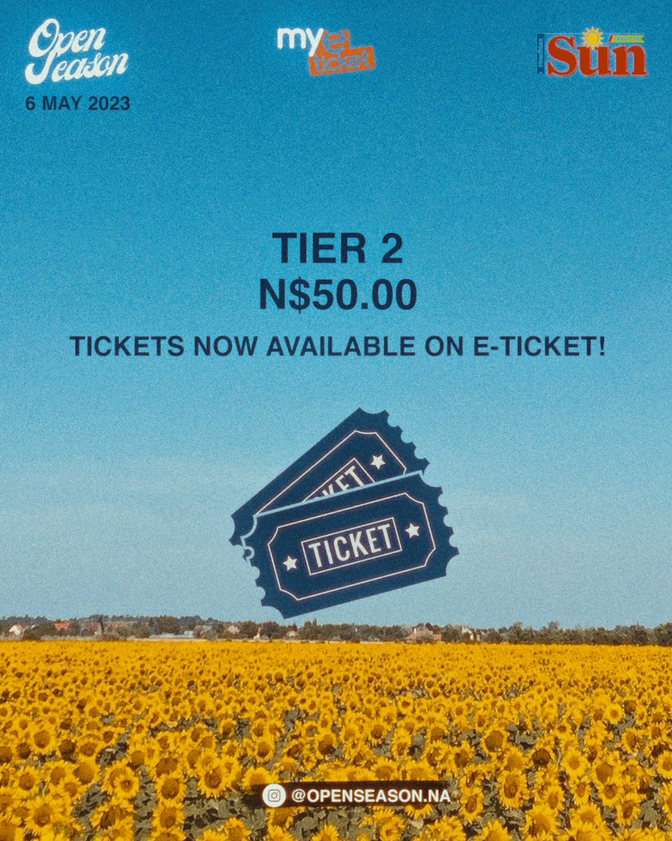 openseason_na's tweet photo. TIER 2 TICKETS ARE NOW AVAILABLE ON E-TICKET FOR N$50.00 🎫
https://t.co/wtco8f79oA
Open Season Saturday, 06th May 2023 at our new venue, NMH (Gen. Murtala Mohamed Ave) from 13:00 to 21:00.
#OSS6 https://t.co/uY9t0iaHrX