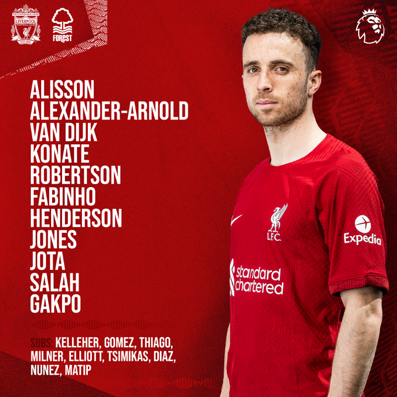 LFC's tweet photo. 🔴 TEAM NEWS IS IN 🔴

This is how the Reds line up to face Nottingham Forest ✊

#LIVNFO