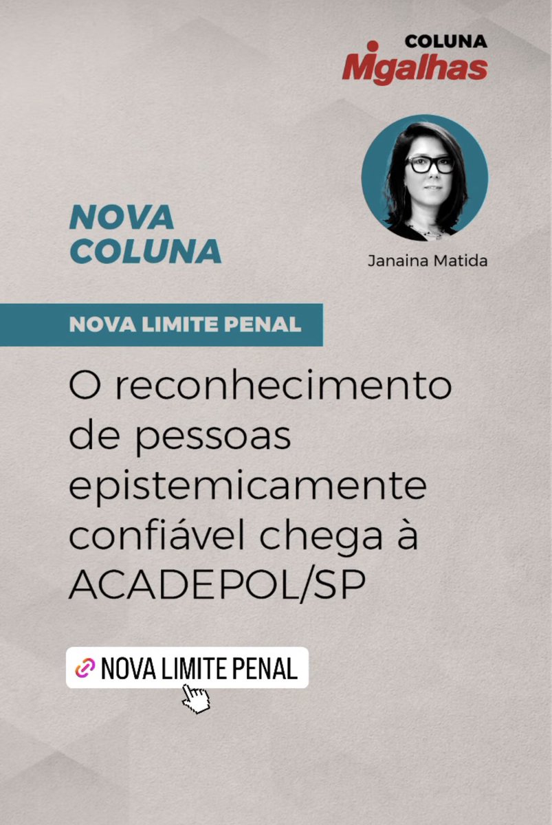 Em artigo no <a href="/PortalMigalhas/">Migalhas</a>,  <a href="/jana_matida/">Janaina Matida</a> fala sobre o curso “Investigação criminal e provas dependentes da memória”, coordenado por ela e @Laveroha, e organizado pelo <a href="/DireitodeDefesa/">IDDD</a> em parceria com a Academia da <a href="/Policia_Civil/">Polícia Civil do Estado de São Paulo</a>:

migalhas.com.br/coluna/nova-li…