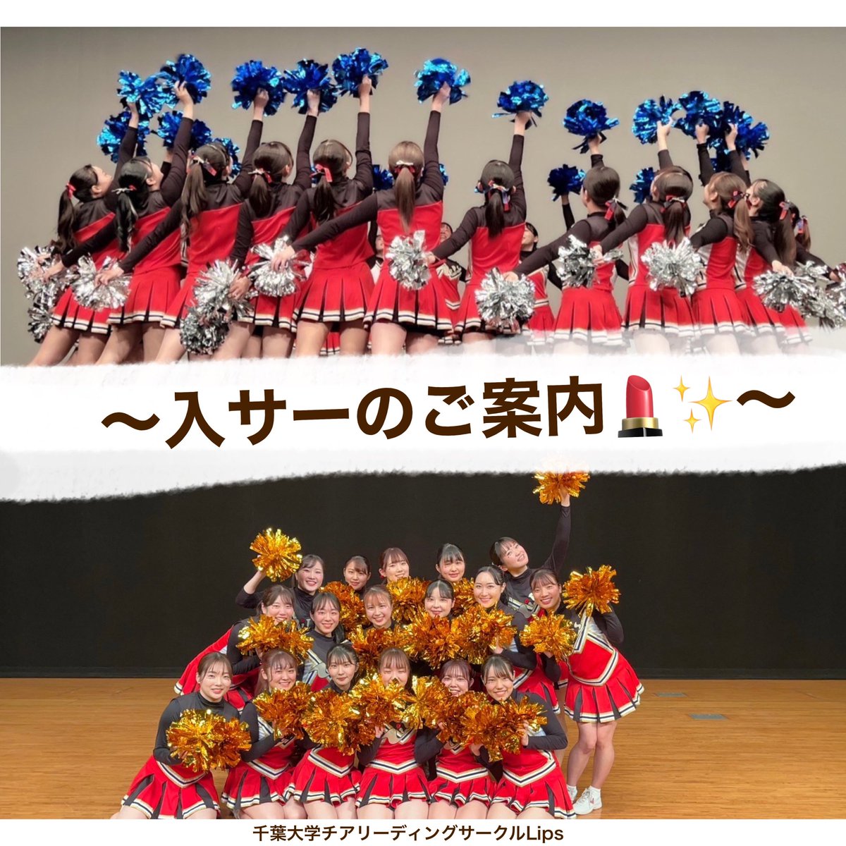 lips_cheer's tweet photo. 💄入サーのお知らせ💄

こんにちは！千葉大学チアリーディングサークルLipsです！

Lipsの入サー締切は5/6(土)です！
興味のある方はこちらをチェック❣️

入サーお待ちしています🫶 https://t.co/cBcAKNiJ9T